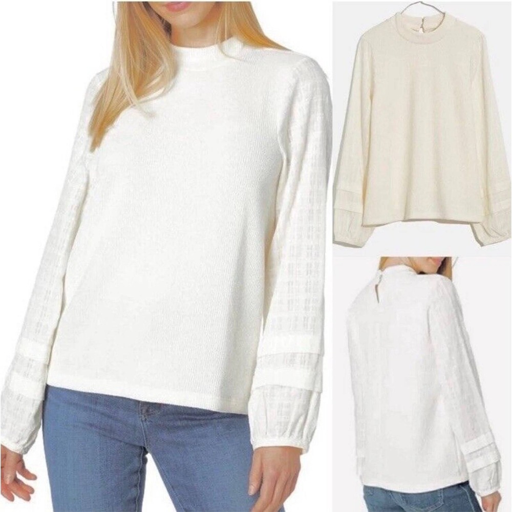 Madewell Antique Cream Weavemix Mock neck Bubble Sleeve Top Sz L Minimalist